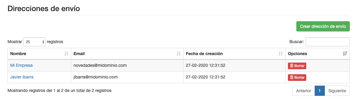 Eliminar una dirección de envío para Email - Mensagia